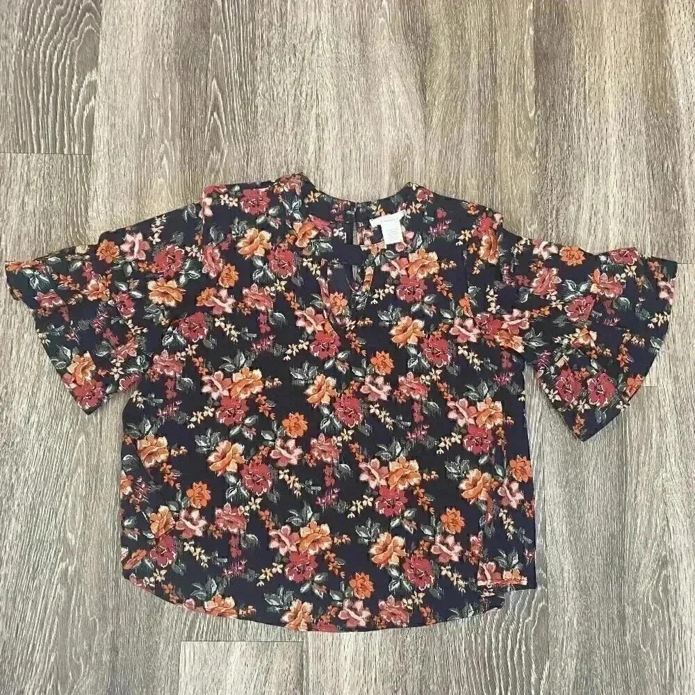 Womens Urban Romantics Black Floral Ruffle Sleeve Blouse - M